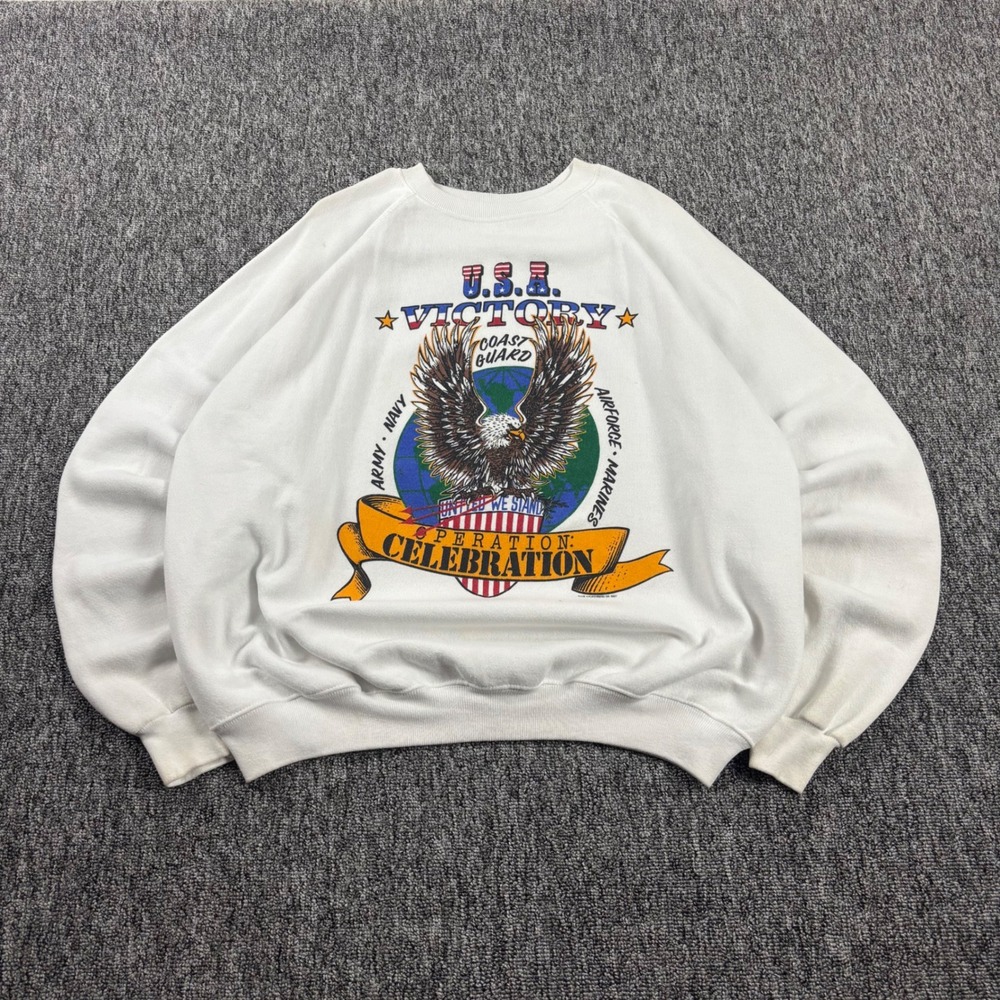 Vintage 90s Hanes USA Sweatshirt XXL White Operation Celebration Military Eagle